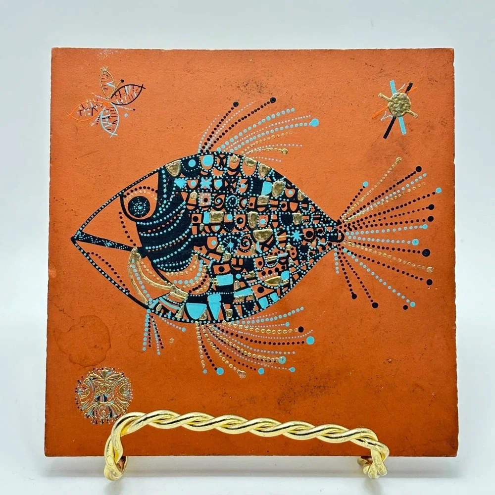 Vintage Spanish Ceramic Tile Abstract Fish César Manrique Style MCM Wall‎ Art
